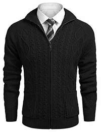 Grobstrick Jacke Herren Schwarz Strickjacke mit Reissverschluss Männer Pullover Stehkragen Winter Cardigan Slim Fit m