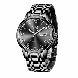 Uhren Herren Mode Edelstahl Wasserdicht Analoger Quarzuhr Auto-Kalender Geschäft Kleid Armbanduhr Maenner (Steel Black)