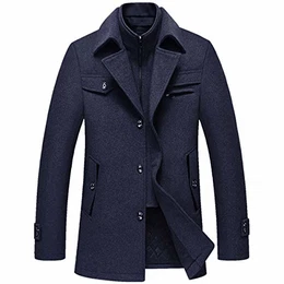 Mantel Herren Wollmantel Kurz Slim Fit Warm Wintermantel mit Stehkragen Winter Jacke Kurzmantel Business Dunkelblau Medium
