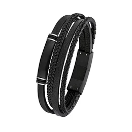 Armband für Herren, Gravierbar, Leder / Edelstahl, IP Schwarz, Länge: 20-21,5 cm