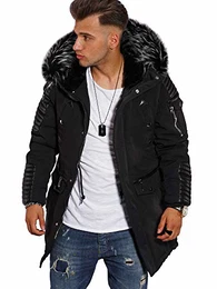 Herren Winterjacke Parka mit Fell-Imitat Jacke Mantel PH-019 [Schwarz, M]