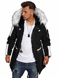 Herren Winterjacke Parka mit Fell-Imitat Jacke Mantel PH-019 [Schwarz/Weiß,