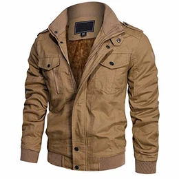 Winterjacke Herren Warme Fliegerjacke mit Innenfleece Kurz Parka Arbeitsjacke Männer Gefüttert Windbreaker Trendig Bomberjacke Freizeit Herbstjacke Khaki M