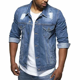 Flyshow - Herren Jeansjacke,Biker Style Jeans Jacket Blue Denim - Herren Langarm Loch Revers Tasche Mode Denim Jacke Retro Top Bluse