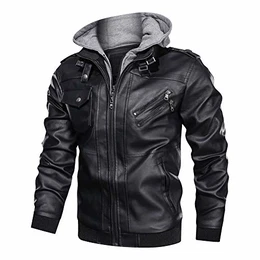 Herren Übergangsjacke Winter Kunstleder Fliegerjacke Biker Jacke Robust Lederjacke mit Kapuze Herbstjacke Vintage Motorradjacke Männer Army Jacke Shwarz M