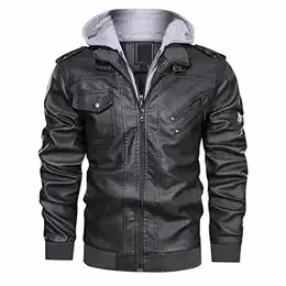 Lederjacke Herren Biker-Jacke mit Kapuze Kunstleder Bomberjacke Stehkragen Winter Jacke Retro Herenjacke US Army Fliegerjacke Männer Grau M