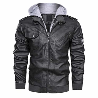 KEFITEVD Herrenjacke Biker Lederjacke mit Kapuze Grau