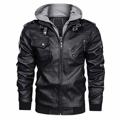 KEFITEVD Herrenjacke Biker Lederjacke mit Kapuze Shwarz