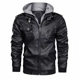 Übergangsjacke Herren Winter Leder Jacke Biker Jacke Robust Lederjacke mit Kapuze Herbstjacke Vintage Motorradjacke Männer Army Jacke Shwarz 2XL