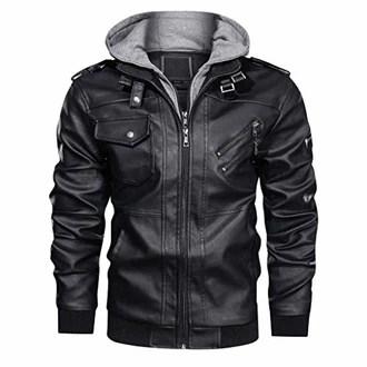 KEFITEVD Herrenjacke Biker Lederjacke mit Kapuze Shwarz