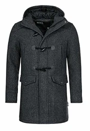 Indicode Herren Liam Dufflecoat mit Stehkragen und Kapuze moderner Wollmantel mit 5 Taschen Warmer Wintermantel gefütterter Herrenmantel Winter Jacke Mantel für Männer Black Mix M