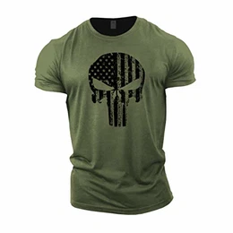 , Bodybuilding-T-Shirt für Herren – Schädel mit US-Flagge – Trainings-Top Gr. M, grün