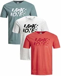 JACK & JONES Herren T Shirt 3er Pack Print Mix Rundhals Tee Regular Slim Fit O Neck Ausschnitt 