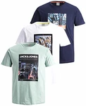 JACK & JONES Herren T Shirt 3er Pack Print Mix Rundhals Tee Regular Slim Fit O Neck Ausschnitt Grau