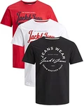 JACK & JONES Herren T Shirt 3er Pack Print Mix Rundhals Tee Regular Slim Fit O Neck Ausschnitt Grau