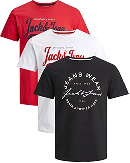 JACK & JONES Herren T Shirt 3er Pack Print Mix Rundhals Tee Regular Slim Fit O Neck Ausschnitt Grau JACK & JONES Herren T Shirt 3er Pack Print Mix Rundhals Tee Regular Slim Fit O Neck Ausschnitt Grau