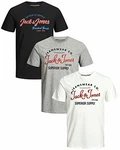 JACK & JONES Herren T Shirt 3er Pack Print Mix Rundhals Tee Regular Slim Fit O Neck Ausschnitt 