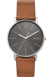 Herrenuhr Signatur, Dreizeiger Uhrwerk, 40mm Silbernes Edelstahlgehäuse mit Lederarmband, SKW6578