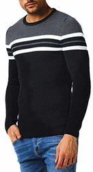 Leif Nelson Herren Strickpullover Rundkragen Slim Fit Longsleeve LN1985 Schwarz/Anthrazit (LN1985)