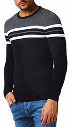 Herren Strickpullover Pullover mit Rundkragen Feinstrickpullover Männer Pulli für Winter Rundhals-Ausschnitt Slim Fit Longsleeve Langarm Crew Neck LN1985 M Schwarz-Anthrazit