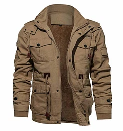 Herrenjacke Winter Gefüttert Fleecejacke Warm Baumwolljacke Verdickt Winterparka mit Stehkragen Kapuze Windjacke Outdoor Freizeit Jacke Männer Khaki M (Etikett: 3XL)