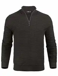 Herren Stehkragen Pullover Regular Fit Strick Pullover Mit Reißverschluss, Dunkelgrau, M