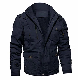 Herren Gefütterte Winterjacke Outdoor Cargojacke Armee Jacke für Herren Reißverschluss Bomberjacke Warm Arbeitsjacke mit Stehkragen Dunkelblau M