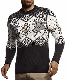 Herren Strickpullover Norwegerpullover Pullover mit Rundkragen Winterpullover Männer Pulli für Weihnachten Winter Norweger Muster Slim Fit Crew Neck LN20761 M Schwarz
