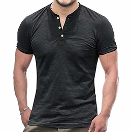 Alivebody Henley Herren-T-Shirt mit Knöpfen, langärmelig, schmale Passform, Baumwolle, schwarz-entspannt, M