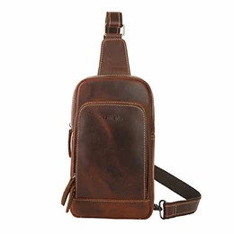 Herren Leder Brusttasche Sling Bag Umhängetasche Schultertasche Crossbody Bag mit Verstellbarer Schultergurt für Business Freizeit Vintage 16 x 6 x 26 cm