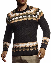 Herren Strickpullover Norwegerpullover Pullover mit Rundkragen Winterpullover Männer Pulli für Weihnachten Winter Norweger Muster Slim Fit Crew Neck LN20757 M Schwarz