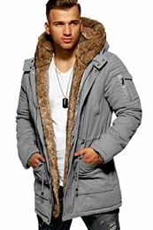 . Herren Winter-Parka Winter-Jacke mit Kunstfell & Kapuze Biker 55-1790 (M, Grau)