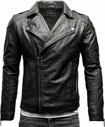 Theo Herren Lederjacke Basic Biker Jacke aus weichem Rindsleder (M, Heavy Washed Black (Rindsleder))