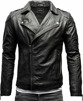 Crone Theo Herren Lederjacke Ecoleder Basic Biker Jacke Schwarz