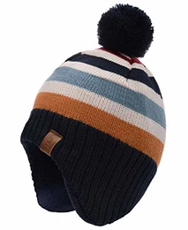Foruhoo Jungen Strickmütze Beanie Mütze, Wintermütze Baby Kinder Hut mit Fleecefutter(Streifen,M 53cm)