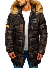 Herren Winterjacke Parka Warm Gefüttert mit Kapuze Fellbesatz Lang Wintermantel Winter Herbst Outdoor Army Camo Motiv Freizeit Kapuzenjacke Casual Style Nature 5970M Braun M [4D4]