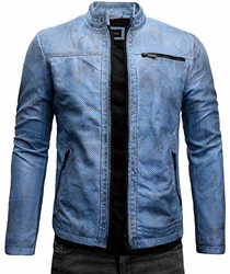 Crone Epic Herren Lederjacke Cleane Leichte Basic Jacke Blau