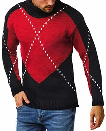 Herren Strickpullover schwarzer Pullover mit Rollkragen Rollkragenpullover Männer Pulli für Winter Longsleeve Langarm Grobstrick Winterpullover Grob LN6010 M Dunkel Blau-Rot