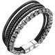 Armband Herren Lederarmband für Männer Edelstahl Armband(silber,schwarz21,5cm)