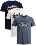JACK & JONES Herren T Shirt 3er Pack Print Mix Rundhals Tee Regular Slim Fit O Neck Ausschnitt Grau