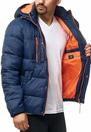 Indicode Herren Bendmore Steppjacke in Daunenjacken-Optik mit Kapuze warme Winterjacke gefütterte Übergangsjacke mit vielen Taschen Regenjacke Jacke für Männer Navy M