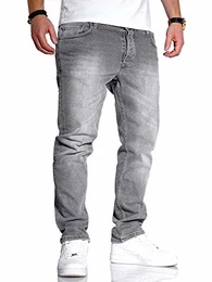 Herren Jeans Straight Fit Denim Hose Regular Stetch JN-221 [Grau, W32/L32]