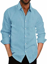langärmliges Freizeithemd Leinenhemd Slim Fit Leinen Shirt für Männer (Himmelblau,M)