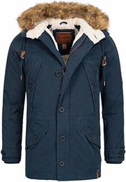 Indicode Herren FANN Parka aus 100% Baumwolle m. Kapuze & Teddyfell-Futter warme Winterjacke m. Stehkragen Herrenjacke gefütterter Winterparka Lange Winter Jacke f. Männer Navy M