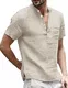 Herren Leinenhemd Henley Shirt Hemd Kurzarm Sommer Regular Fit Freizeit Hemd Fischerhemd Männer Tops, Khaki, M