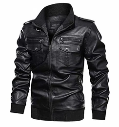Kunst-Lederjacke Herren Übergangsjacke Bikerjacke Winter Leder Jacke Herren Motorrad Biker Jacke Kurz Parka Retro Fliegerjacke Männer Schwarz M