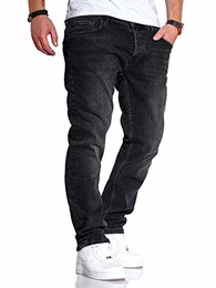Herren Jeans Straight Fit Denim Hose Regular Stetch JN-221 [Schwarz, W32/L32]
