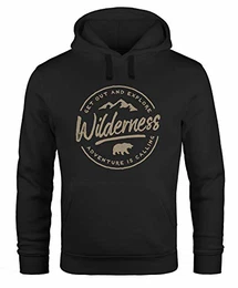 ® Hoodie Herren Adventure Logo Berge Mountain Bär Wilderness Schriftzug Fashion Streetstyle Kapuzen-Pullover Männer schwarz M