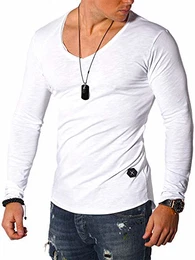 REHYPE Herren Longsleeve T-Shirt Langarm Basic V-Neck Ausschnitt L-220 Weiß M