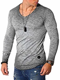 REHYPE Herren Longsleeve T-Shirt Langarm Basic V-Neck Ausschnitt L-220 Dunkelgrau (Faded) M
